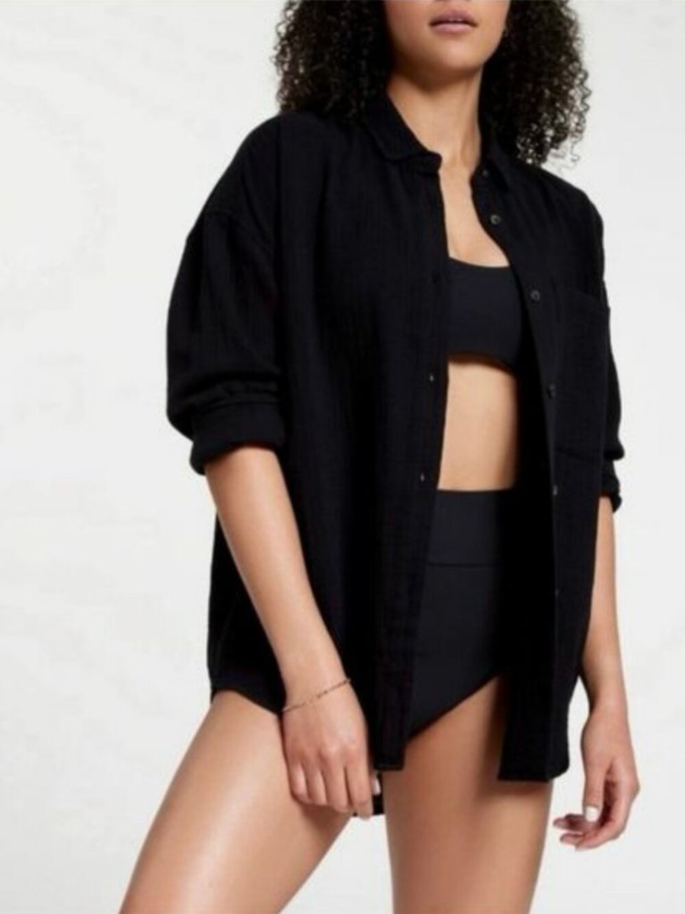 Calia Women's Linen Oversized Swim Button-Down Sirt in Pure Black NWT